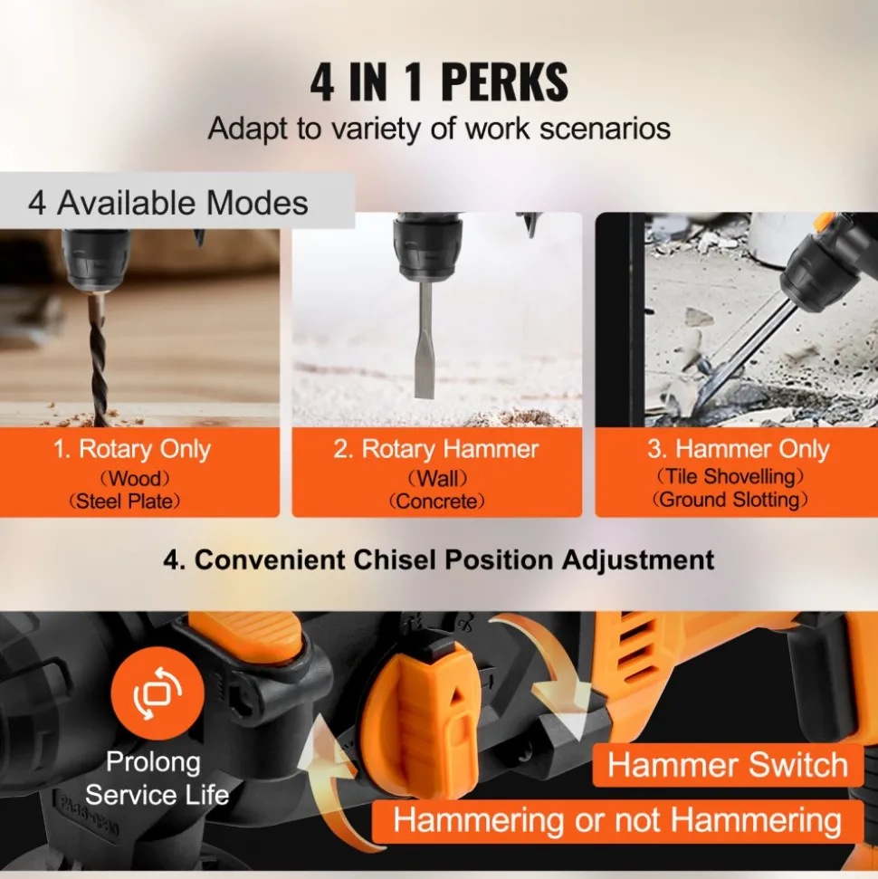 VEVOR 1 Inch SDS-Plus Rotary Hammer Drill, 8 Amp Corded Drills, Heavy Duty Chipping Hammers with Safety Clutch, Electric Demolition Hammers, Taladro Rotomartillo, Power Tool For Concrete