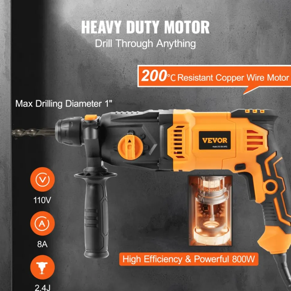 VEVOR 1 Inch SDS-Plus Rotary Hammer Drill, 8 Amp Corded Drills, Heavy Duty Chipping Hammers with Safety Clutch, Electric Demolition Hammers, Taladro Rotomartillo, Power Tool For Concrete