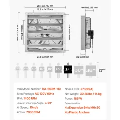 VEVOR 24 Inch Shutter Exhaust Fan Wall Mounted Automatic Louvers Silver, Sturdy Steel Housing, Low Noise, AC Motor, 7030 CFM Ventilation and Cooling for Attic, Garage, Barn, Greenhouse, Workshop