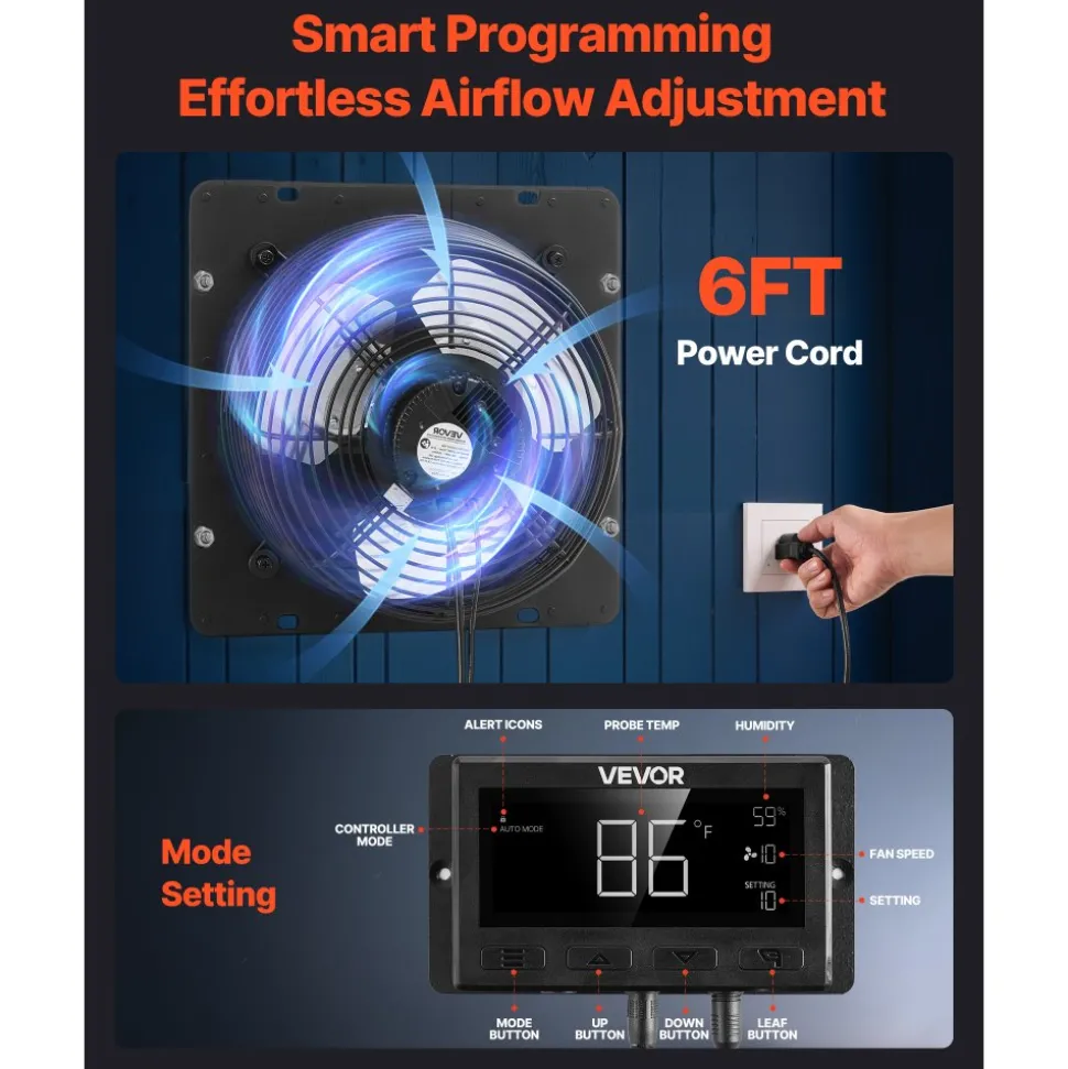 VEVOR 12 inch Shutter Exhaust Fan, Wall Mounted Attic Vent Fan with Smart Programming Variable Speed Temperature Control, 1500 CFM,EC Motor,Timer, for Shed,Garage,Greenhouse Ventilation Cooling,Black