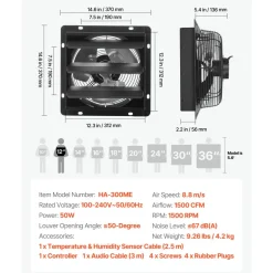 VEVOR 12 inch Shutter Exhaust Fan, Wall Mounted Attic Vent Fan with Smart Programming Variable Speed Temperature Control, 1500 CFM,EC Motor,Timer, for Shed,Garage,Greenhouse Ventilation Cooling,Black