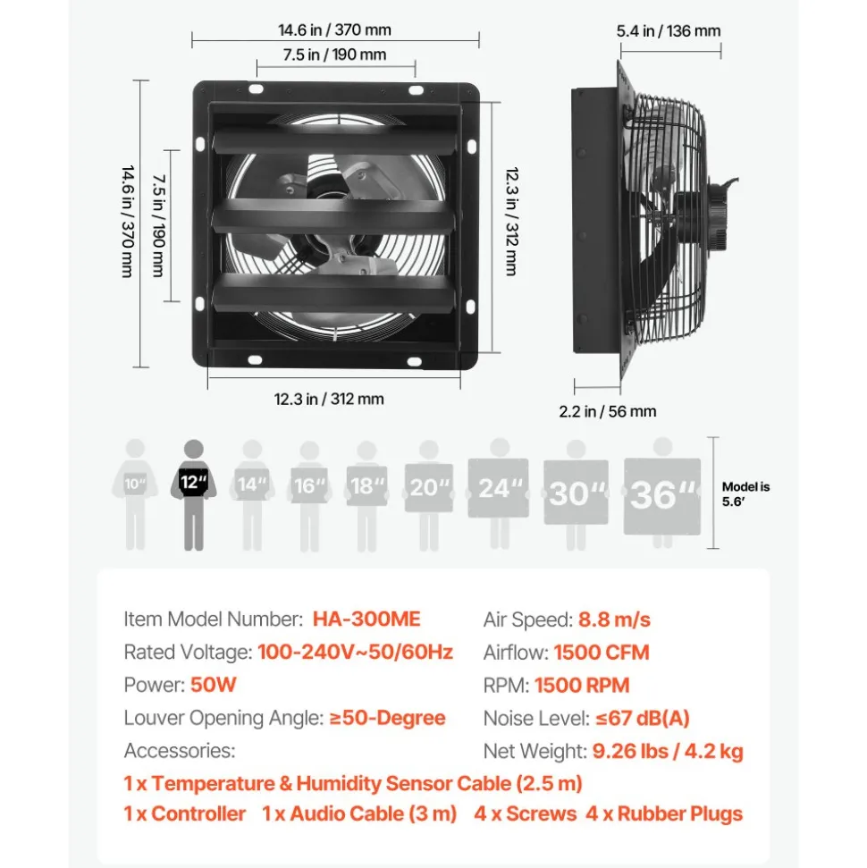 VEVOR 12 inch Shutter Exhaust Fan, Wall Mounted Attic Vent Fan with Smart Programming Variable Speed Temperature Control, 1500 CFM,EC Motor,Timer, for Shed,Garage,Greenhouse Ventilation Cooling,Black
