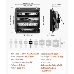 VEVOR 18 inch Shutter Exhaust Fan Wall-Mount Variable Speed Temperature, Automatic Louvers Sturdy Steel Housing, Low Noise, Ventilation and Cooling for Attic, Garage, Barn, Greenhouse, Workshop