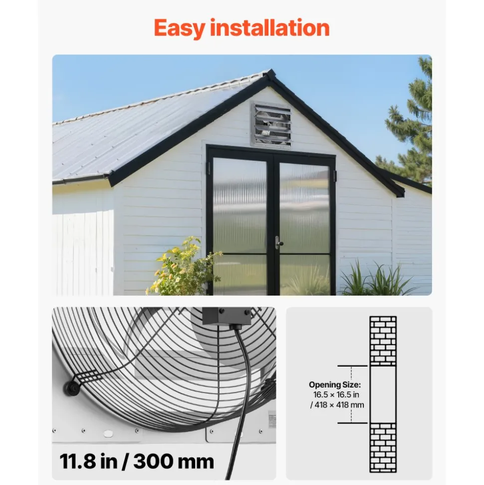 VEVOR 16 Inch Shutter Exhaust Fan Wall Mounted Automatic Louvers Silver, Sturdy Steel Housing, 2438 CFM Low Noise, AC Motor, Ventilation and Cooling for Attic, Garage, Barn, Greenhouse, Workshop