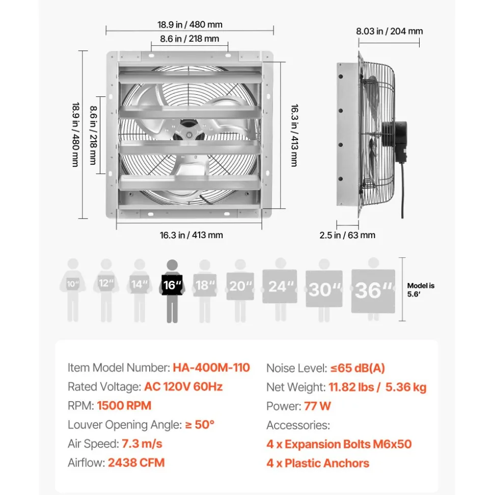 VEVOR 16 Inch Shutter Exhaust Fan Wall Mounted Automatic Louvers Silver, Sturdy Steel Housing, 2438 CFM Low Noise, AC Motor, Ventilation and Cooling for Attic, Garage, Barn, Greenhouse, Workshop