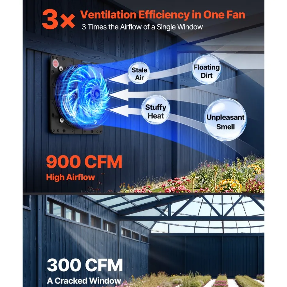 VEVOR 12 Inch Shutter Exhaust Fan Wall Mounted Automatic Louvers EC Motor, Steel Housing, Temperature & Humidity Controller, Ventilation & Cooling for Attic, Garage, Barn, Greenhouse, Workshop, Black