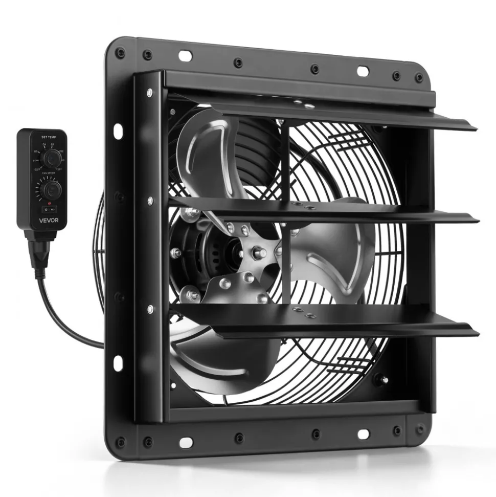 VEVOR 12 Inch Shutter Exhaust Fan Wall Mounted Automatic Louvers EC Motor, Steel Housing, Temperature & Humidity Controller, Ventilation & Cooling for Attic, Garage, Barn, Greenhouse, Workshop, Black