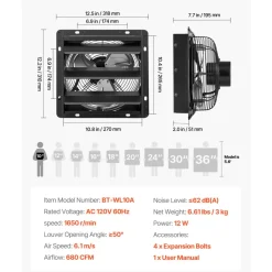 VEVOR 10 Inch Shutter Exhaust Fan Wall Mounted Automatic Louvers EC Motor, Steel Housing, Temperature & Humidity Controller, Ventilation & Cooling for Attic, Garage, Barn, Greenhouse, Workshop, Black