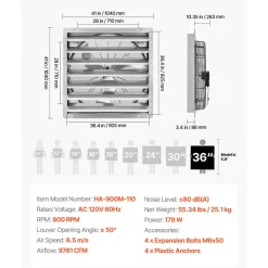 VEVOR 36 Inch Shutter Exhaust Fan Wall Mounted Automatic Louvers Silver, Sturdy Steel Housing, Low Noise, AC Motor, 9761 CFM Ventilation and Cooling for Attic, Garage, Barn, Greenhouse, Workshop