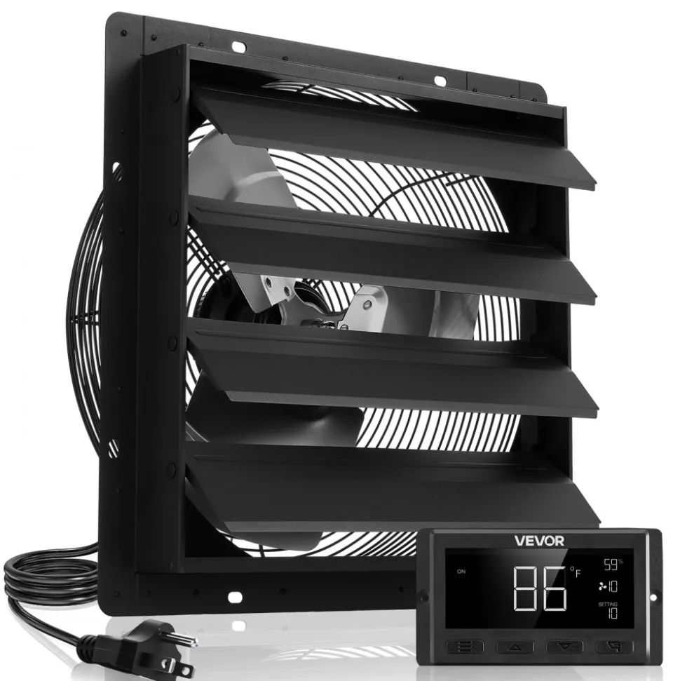 VEVOR 16 inch Shutter Exhaust Fan, Wall Mounted Attic Vent Fan with Smart Programming Variable Speed Temperature Control, 2900 CFM,EC Motor,Timer, for Shed,Garage,Greenhouse Ventilation Cooling,Black
