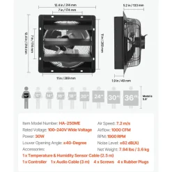VEVOR 20 Inch Shutter Exhaust Fan Wall Mounted Automatic Louvers EC Motor, Steel Housing, Temperature & Humidity Controller, Ventilation & Cooling for Attic, Garage, Barn, Greenhouse, Workshop, Black