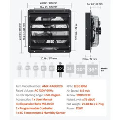 VEVOR 20 inch Shutter Exhaust Fan, Wall Mounted Attic Vent Fan with Smart Programming Variable Speed Temperature Control, 4800 CFM,EC Motor,Timer, for Shed,Garage,Greenhouse Ventilation Cooling,Black