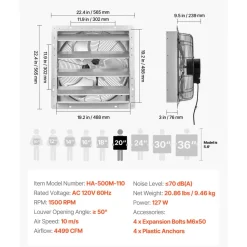 VEVOR 20 Inch Shutter Exhaust Fan Wall Mounted Automatic Louvers Silver, Sturdy Steel Housing, Low Noise, AC Motor, 4499 CFM Ventilation and Cooling for Attic, Garage, Barn, Greenhouse, Workshop