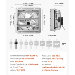 VEVOR 12 Inch Shutter Exhaust Fan Wall Mounted 1347 CFM Automatic Louvers, Sturdy Steel Housing, Low Noise, AC Motor, Ventilation and Cooling for Attic, Garage, Barn, Greenhouse, Workshop, Silver
