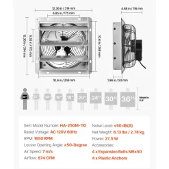 VEVOR 10 Inch Shutter Exhaust Fan Wall Mounted 874 CFM Automatic Louvers, Sturdy Steel Housing, Low Noise, AC Motor, Ventilation and Cooling for Attic, Garage, Barn, Greenhouse, Workshop, Silver