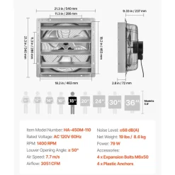 VEVOR 18 Inch Shutter Exhaust Fan Wall Mounted Automatic Louvers Silver, Sturdy Steel Housing, 3051 CFM Low Noise, AC Motor, Ventilation and Cooling for Attic, Garage, Barn, Greenhouse, Workshop