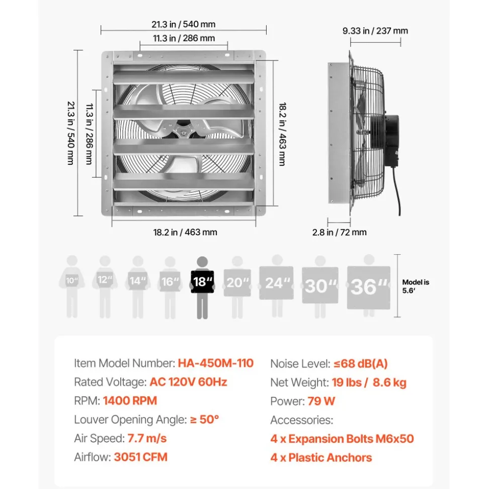 VEVOR 18 Inch Shutter Exhaust Fan Wall Mounted Automatic Louvers Silver, Sturdy Steel Housing, 3051 CFM Low Noise, AC Motor, Ventilation and Cooling for Attic, Garage, Barn, Greenhouse, Workshop