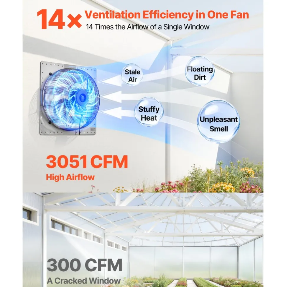 VEVOR 18 Inch Shutter Exhaust Fan Wall Mounted Automatic Louvers Silver, Sturdy Steel Housing, 3051 CFM Low Noise, AC Motor, Ventilation and Cooling for Attic, Garage, Barn, Greenhouse, Workshop