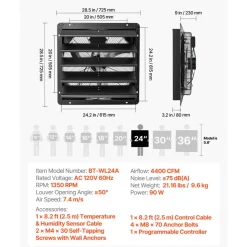 VEVOR 24 Inch Shutter Exhaust Fan Wall Mounted Automatic Louvers EC Motor, Steel Housing, Temperature & Humidity Controller, Ventilation & Cooling for Attic, Garage, Barn, Greenhouse, Workshop, Black