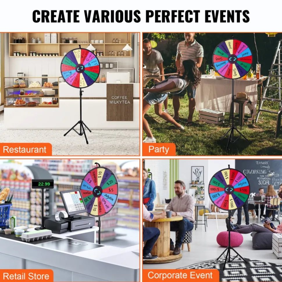 VEVOR 24 inch Spinning Prize Wheel, 14 Slots Spinning Wheel with Height Adjustable Stand, Roulette Wheel with a Dry Erase, and a Storage Bag, Win Fortune Spin Games in Party Pub Trade Show Carnival