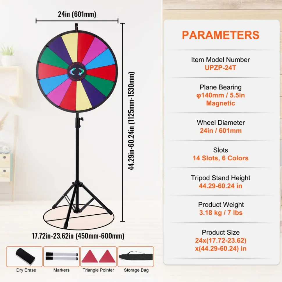 VEVOR 24 inch Spinning Prize Wheel, 14 Slots Spinning Wheel with Height Adjustable Stand, Roulette Wheel with a Dry Erase, and a Storage Bag, Win Fortune Spin Games in Party Pub Trade Show Carnival