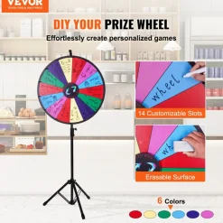VEVOR 24 inch Spinning Prize Wheel, 14 Slots Spinning Wheel with Height Adjustable Stand, Roulette Wheel with a Dry Erase, and a Storage Bag, Win Fortune Spin Games in Party Pub Trade Show Carnival