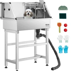 VEVOR 34 Inch Stainless Steel Dog Washing Station, Pet Grooming Tub with Hot & Cold Faucet, Showerhead, Storage Rack, No-Bend All-in-One Bathtub, Home Wash Sink, Fits Small Cats and Dogs