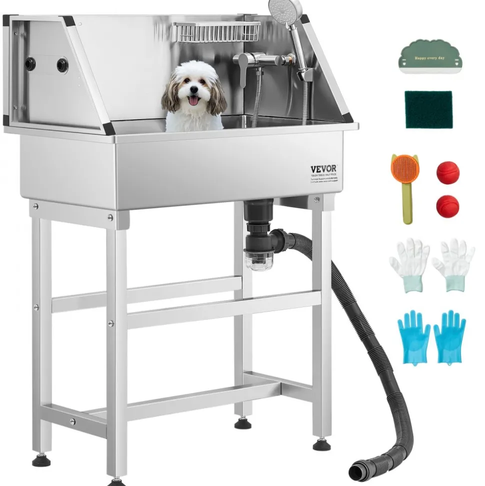 VEVOR 34 Inch Stainless Steel Dog Washing Station, Pet Grooming Tub with Hot & Cold Faucet, Showerhead, Storage Rack, No-Bend All-in-One Bathtub, Home Wash Sink, Fits Small Cats and Dogs