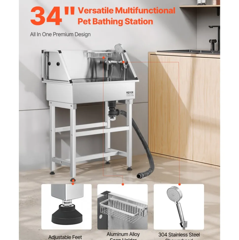 VEVOR 34 Inch Stainless Steel Dog Washing Station, Pet Grooming Tub with Hot & Cold Faucet, Showerhead, Storage Rack, No-Bend All-in-One Bathtub, Home Wash Sink, Fits Small Cats and Dogs