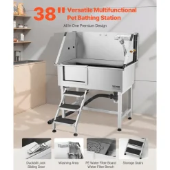 VEVOR 38 Inch Stainless Steel Dog Washing Station, Pet Grooming Tub with Hot & Cold Faucet, Showerhead, Home Wash Sink, Fits Small and Medium Cats and Dogs, Non-Slip Stairs (Left Door)