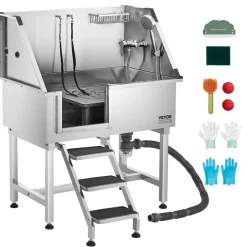 VEVOR 38 Inch Stainless Steel Dog Washing Station, Pet Grooming Tub with Hot & Cold Faucet, Showerhead, Home Wash Sink, Fits Small and Medium Cats and Dogs, Non-Slip Stairs (Left Door)