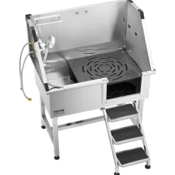 VEVOR 38 Inch Stainless Steel Dog Washing Station, Pet Grooming Tub with Hot & Cold Faucet, Showerhead, Home Wash Sink, Fits Small and Medium Cats and Dogs, Non-Slip Stairs (Right Door)