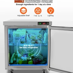 VEVOR 28-inch Stainless Steel Undercounter Refrigerator, 7.4 Cubic Feet, with Fan-Assisted Cooling and Lockable Single Door, Ideal for Food Preparation Areas and Bars