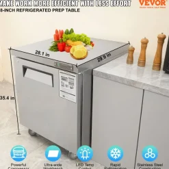 VEVOR 28-inch Stainless Steel Undercounter Refrigerator, 7.4 Cubic Feet, with Fan-Assisted Cooling and Lockable Single Door, Ideal for Food Preparation Areas and Bars
