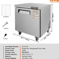 VEVOR 28-inch Stainless Steel Undercounter Refrigerator, 7.4 Cubic Feet, with Fan-Assisted Cooling and Lockable Single Door, Ideal for Food Preparation Areas and Bars