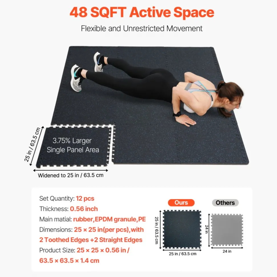 VEVOR 0.56 Inch Thick Gym Floor Mats, 12 Tiles Rubber Top with EVA Foam, 25" x 25" Gym Flooring Workout Mats with 48 sq.ft Coverage, Interlocking Puzzle Gym Mats for Gym, Home, Garage, Black & Blue