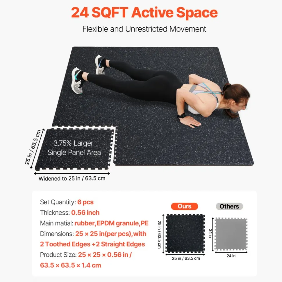 VEVOR 0.56 Inch Thick Gym Floor Mats, 6 Tiles Rubber Top with EVA Foam, 25" x 25" Gym Flooring Workout Mats with 25 sq.ft Coverage, Interlocking Puzzle Gym Mats for Gym, Home, Garage, Black & White
