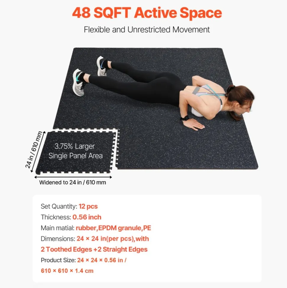 VEVOR 0.56 Inch Thick Gym Floor Mats, 12 Tiles Rubber Top with EVA Foam, 25" x 25" Gym Flooring Workout Mats with 48 sq.ft Coverage, Interlocking Puzzle Gym Mats for Gym, Home, Garage, Black & White