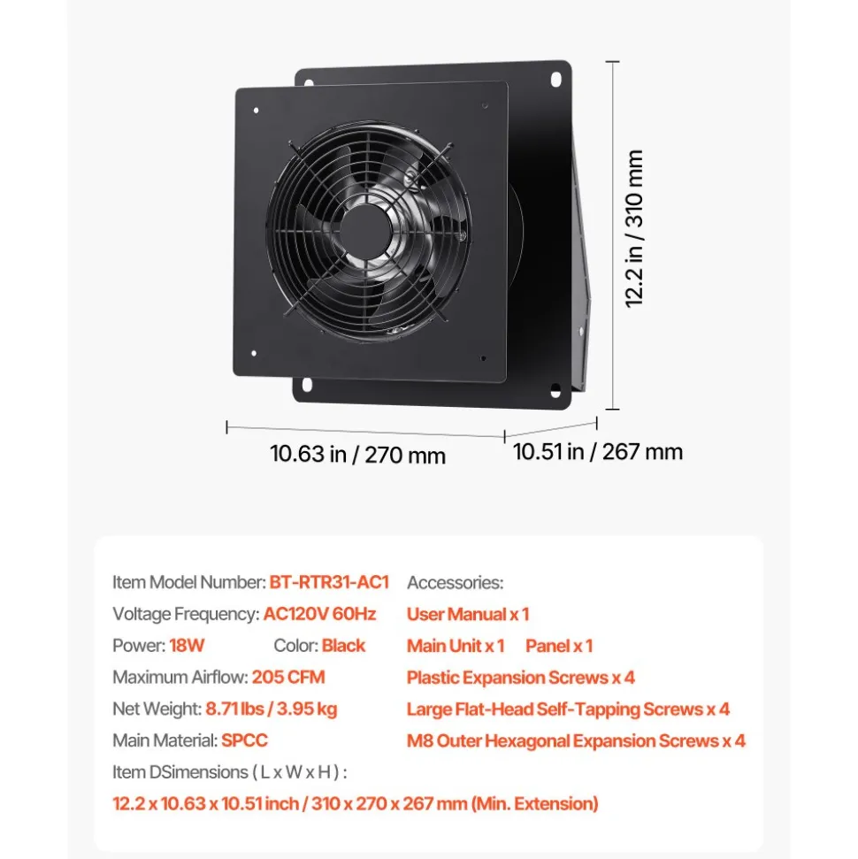 VEVOR 6 inch Through-The-Wall Ventilation Fan, 205 CFM Through Wall Exhaust Fan with AC Motor, Quiet Vent Easy Installation for Bathroom,Garage,Laundry Room,Storage Room Air Exchanger