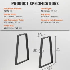 VEVOR 16 inch Trapezoid Steel Table Legs, Replacement Furniture Legs Set of 2 for DIY Coffee Tables, Modern Desks, Bench, Night Stands, Sofa, Max Load 400 lbs Heavy Duty, Quick Instalation Legs Black
