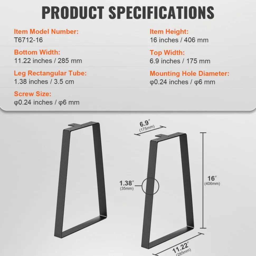 VEVOR 16 inch Trapezoid Steel Table Legs, Replacement Furniture Legs Set of 2 for DIY Coffee Tables, Modern Desks, Bench, Night Stands, Sofa, Max Load 400 lbs Heavy Duty, Quick Instalation Legs Black