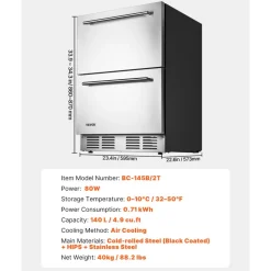 VEVOR 24 Inch Under Counter Drawer Refrigerator, Stainless Steel Dual Drawer Fridge with Temperature Control, Outdoor Refrigerator with Powerful Compressor & LED Display, Fit for Home, Office, etc.