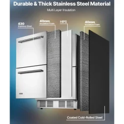 VEVOR 24 Inch Under Counter Drawer Refrigerator, Stainless Steel Dual Drawer Fridge with Temperature Control, Outdoor Refrigerator with Powerful Compressor & LED Display, Fit for Home, Office, etc.