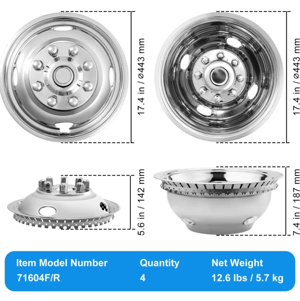 VEVOR 16-inch Wheel Simulators, 304 Stainless Steel Wheel Simulator Kit with Mirror Polished Finish, 2 Front and 2 Rear Wheel Covers Fit for Ford F350 (1974-1998), 4 pcs