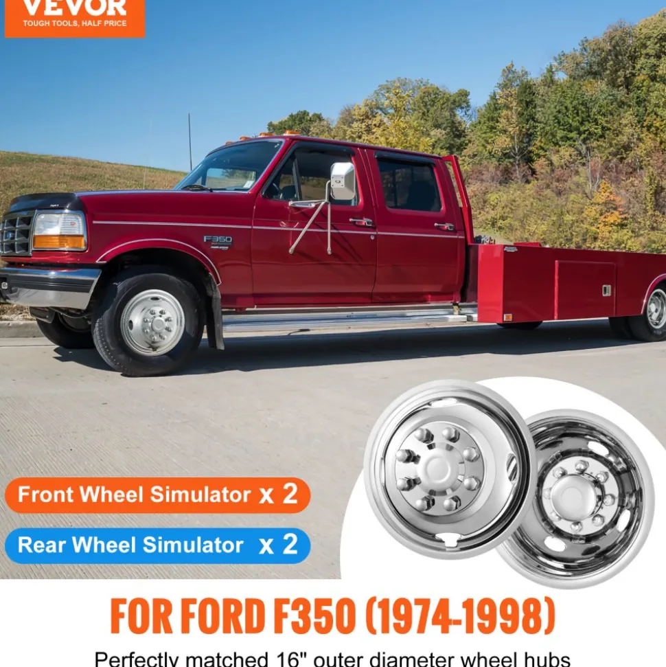 VEVOR 16-inch Wheel Simulators, 304 Stainless Steel Wheel Simulator Kit with Mirror Polished Finish, 2 Front and 2 Rear Wheel Covers Fit for Ford F350 (1974-1998), 4 pcs
