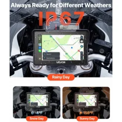 VEVOR 7 Inch Wireless Motorcycle Carplay with Apple Carplay & Android Auto, HD Touchscreen GPS Navigation System with Voice Control, Dual Bluetooth, Siri & Google Assistant, IP67 - Fit All Motorcycles