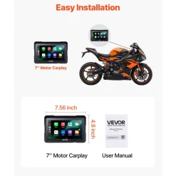 VEVOR 7 Inch Wireless Motorcycle Carplay with Apple Carplay & Android Auto, HD Touchscreen GPS Navigation System with Dual Bluetooth, Siri/Google Voice Assistant, IP67, Compatible with BMW Motorcycles