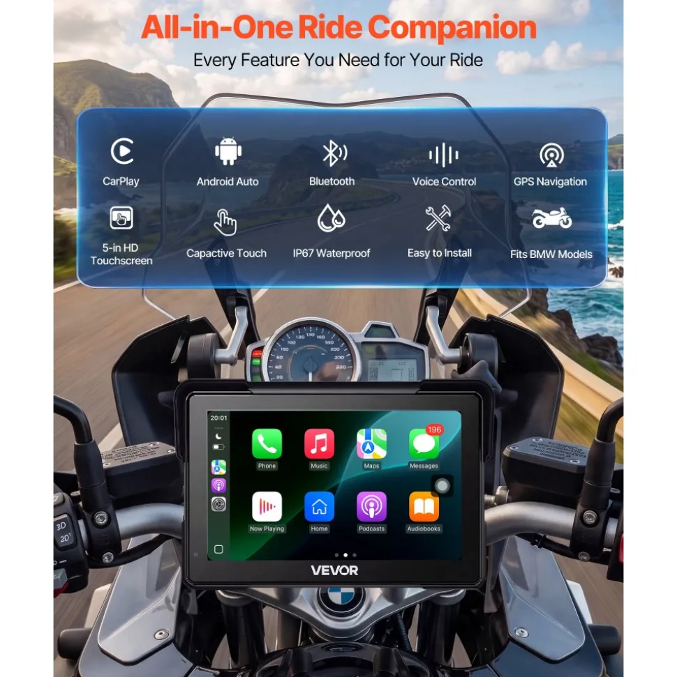 VEVOR 7 Inch Wireless Motorcycle Carplay with Apple Carplay & Android Auto, HD Touchscreen GPS Navigation System with Dual Bluetooth, Siri/Google Voice Assistant, IP67, Compatible with BMW Motorcycles
