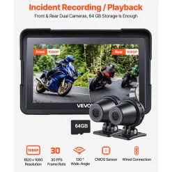 VEVOR 7 Inch Wireless Motorcycle Carplay with Apple Carplay & Android Auto, HD Touchscreen GPS Navigation System with Dual Cameras & Bluetooth, TPMS, Voice Control, 64GB Card - Fits All Motorcycles