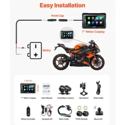VEVOR 7 Inch Wireless Motorcycle Carplay with Apple Carplay & Android Auto, HD Touchscreen GPS Navigation System with Dual Cameras & Bluetooth, TPMS, Voice Control, 64GB Card - Fits All Motorcycles